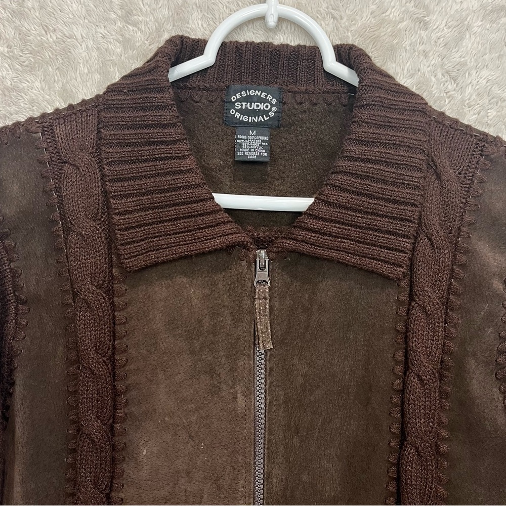 Vintage Women's Chocolate Brown Boho Suede Cable Knit Jacket Sz M Elbow Patches - Picture 2 of 15